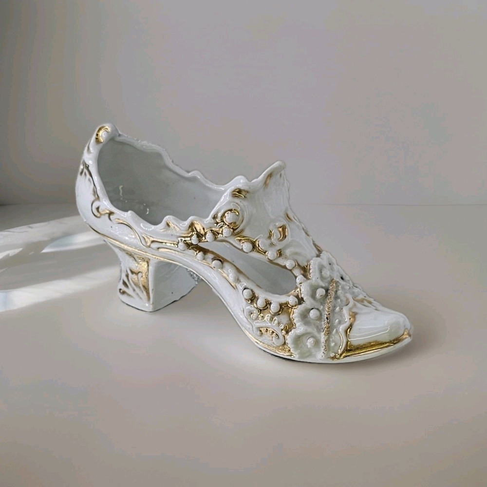 Antique Victorian Ladies Boot Shoe Porcelain White Gilded Gold Floral w/ Cut Out